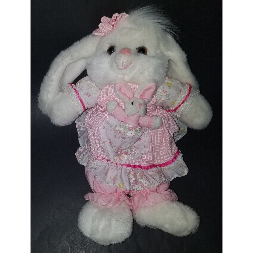 VTG Wondertreats Bunny Rabbit Mom + Baby Plush White Pink Floral Dress Easter